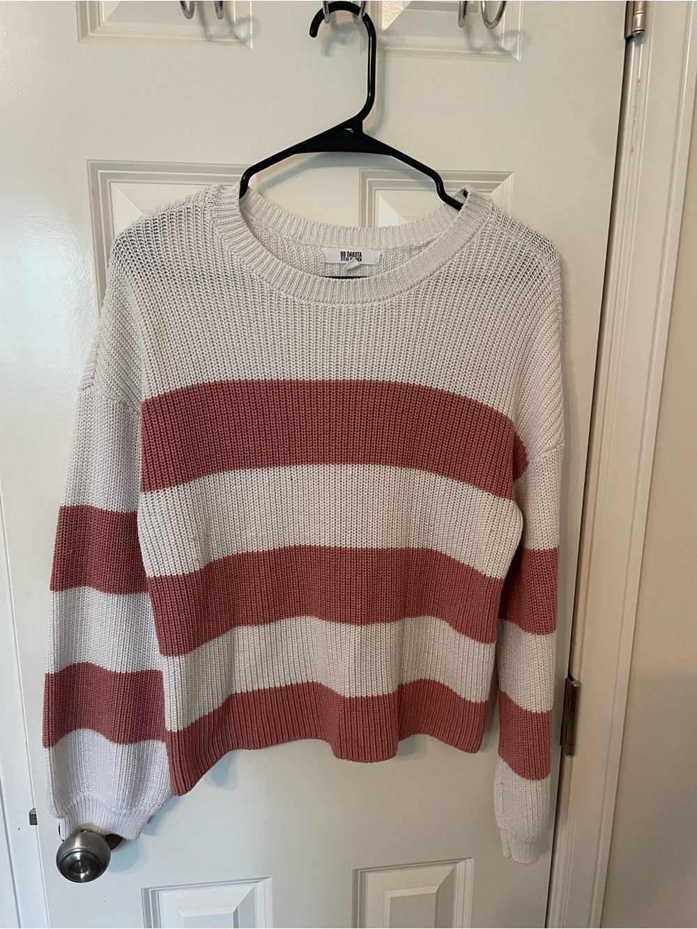 BB Dakota White and Dusty Rose Striped Crewneck Sweater